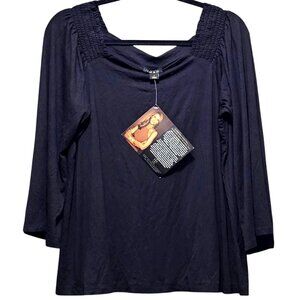 Iman Global Chic Black Top With Smocked Shoulders & Draped Neckline‎